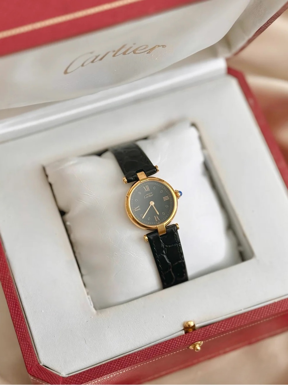 AUTHENTIC VINTAGE CARTIER BLACK LEATHER WATCH - WITH BOX